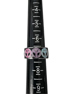 Coach Multicolor Enamel Peace Sign Band Ring - Pink, Purple, Blue